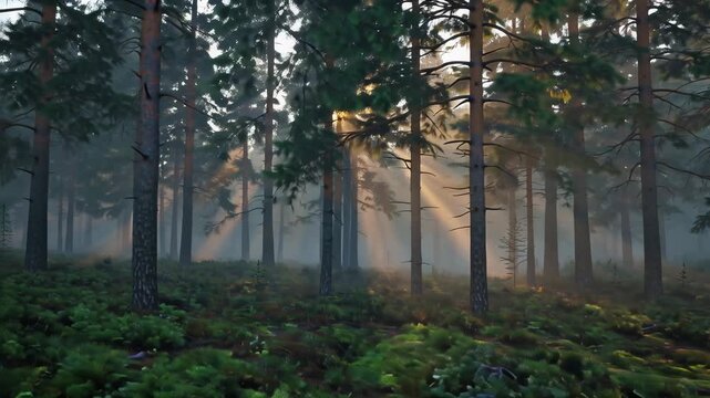 Serene Morning Fog in Evergreen Forest