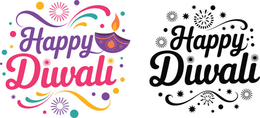 Happy Diwali typography illustration with colorful diya fireworks festive greeting design, Indian festival celebration vector lettering set modern decorative art © Deep Mind Creations