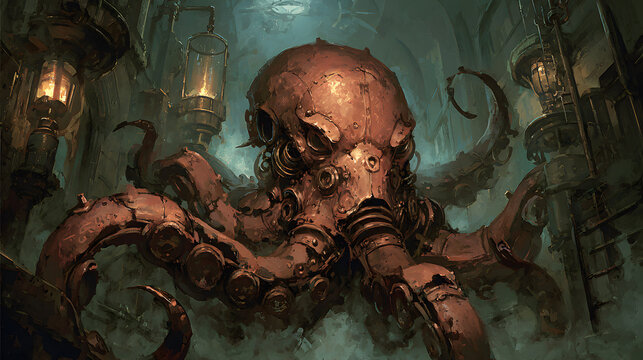 The colossal metallic kraken, a marvel of steampunk engineering, dominates a shadowy industrial chamber, its powerful tentacles poised in a mysterious, dark illustration