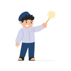 Muslim Boy Holding Sparkler Firework Character Illustration