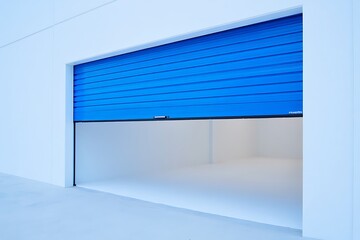 Open storage unit with blue roll-up door, showcasing a clean, minimalist interior, concrete textures, and modern industrial architecture, perfect for business, rental, or commercial use photography.