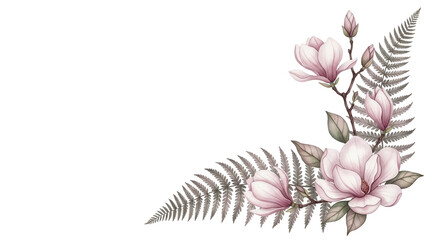 Soft elegant watercolor corner composition featuring magnolia and fern in mauve tones isolated on white background.png