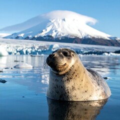 Weddell Seal Posing in Antarctic Waters with Mountain Backdrop.