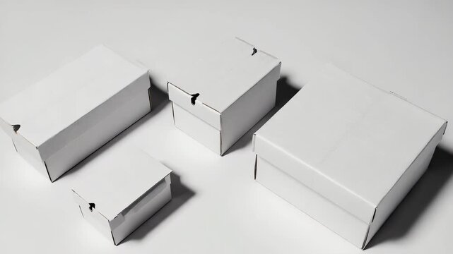 Close-up of stacked white cardboard boxes on a plain white background, showcasing packaging and delivery concept.
