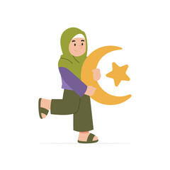Muslim Girl Holding Moon and Star Symbol Character Illustration