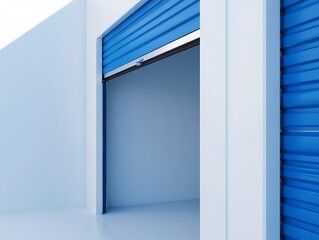 Open storage unit with blue roll-up door, showcasing a clean, minimalist interior, concrete textures, and modern industrial architecture, perfect for business, rental, or commercial use photography.