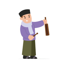 Muslim Boy Beating Bedug Drum Character Illustration
