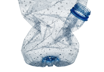 Crumpled transparent pet bottle, blue ring, condensation, water droplets, isolated on transparent, extreme close-up macro, harsh studio light, concept of plastic waste and recycling urgency
