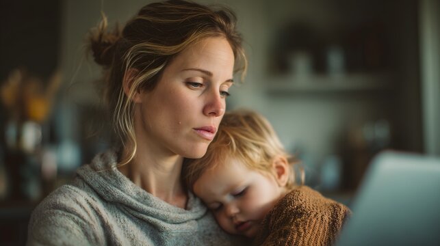 Woman working on a laptop while holding child in home setting during morning hours - Powered by Adobe