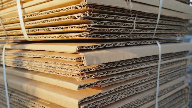 Stacked cardboard boxes tied with twine, close-up texture, moving, shipping, packaging, logistics, delivery, recycling, industry, storage, brown, raw material.