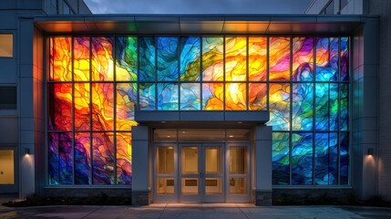 Modern building entrance with vibrant stained glass