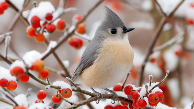 Tufted titmouse perched on berry branch in winter. Winter wildlife concept.