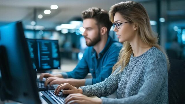 Two software developers collaborating at computer, tech industry workplace, coding and programming environment, teamwork in IT sector, modern office setup, with copy space