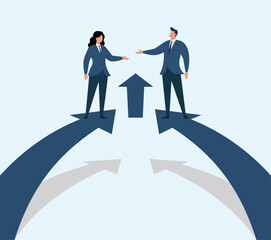 Obraz premium Business collaboration crossroads with two professionals meeting on diverging paths, Partnership building, Teamwork handshake, Strategic alignment, Decision making, Leadership direction