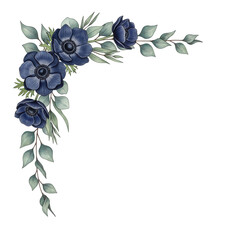 Hand painted botanical corner frame featuring navy blue anemones and eucalyptus branches isolated on white background.png