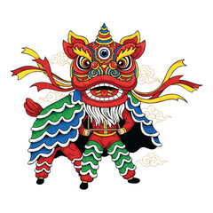 A vibrant, cartoon dragon creature with colorful, swirling patterns and a playful expression, set against a clean white background with subtle, swirling designs.