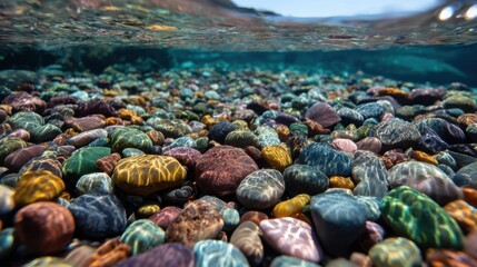 Underwater pebbles in clear water with light patterns