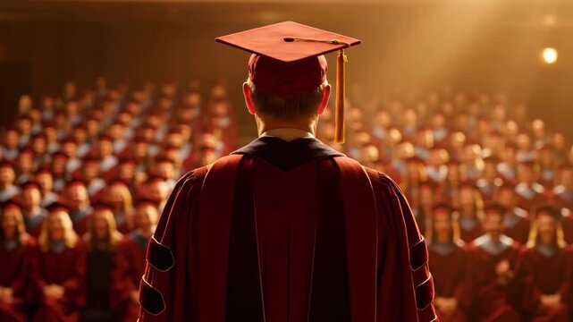 Rear view of graduate in red gown with academic cap addressing audience. Golden spotlight illuminates auditorium background at graduation ceremony.