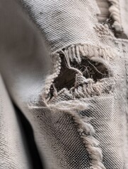 Close-up of worn fabric with frayed edges and visible holes, showcasing texture and detail, representing the concept of wear and tear in textiles and materials