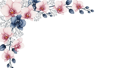 Hand painted luxury watercolor corner frame featuring orchids and baby's breath in navy and blush pink isolated on white background.png