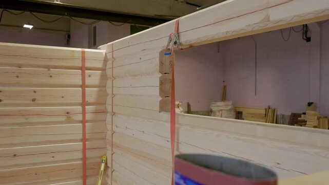 Partially assembled wooden cabin structure inside a workshop, with numbered timber logs, window cutouts, tools, and straps visible. Interior space offers copy space