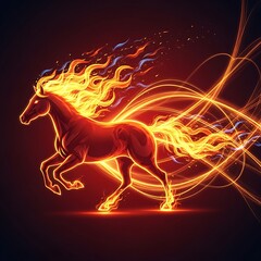 Majestic Fiery Horse Galloping With Intense Flames and Energy Trails Against a Dark Background