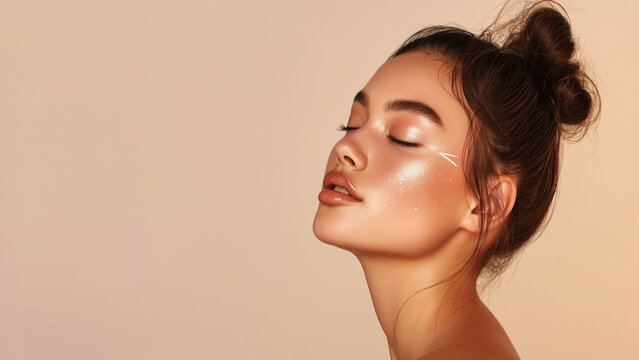 Woman profile with highlight mark for cheekbone. Beauty skincare concept.