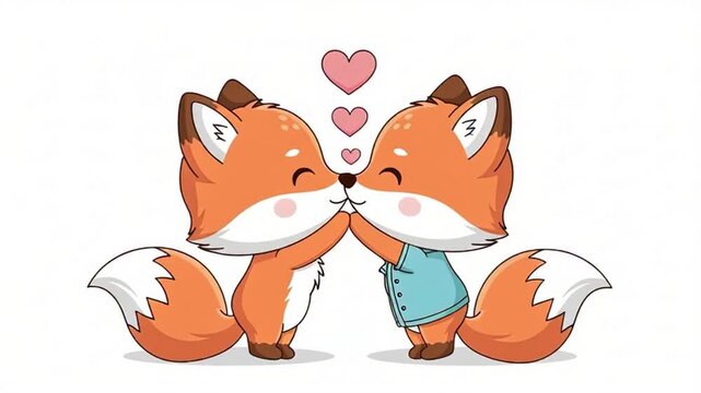Cute cartoon foxes kissing with hearts