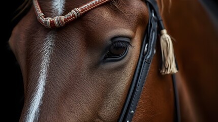 A close-up of a horse wearing a traditional bridle and tassel