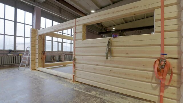 Partially assembled wooden cabin structure inside a workshop, with numbered timber logs, window cutouts, tools, and straps visible. Interior space offers copy space