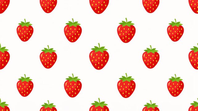 A vibrant and fresh seamless digital illustration featuring bright red strawberries with green leaves arranged in a repeating pattern on a clean white background.