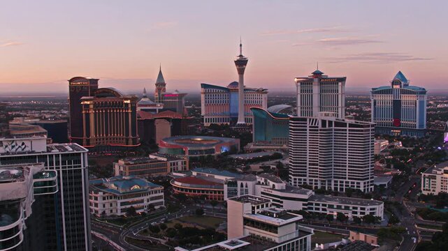 Cityscape footage video of downtown Las Vegas at dusk, showcasing modern architecture and urban landscape