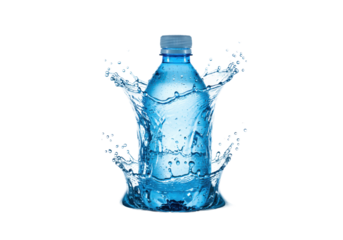 Hyper-realistic blue PET bottle of mineral water with heavy condensation, plunging into clear water, creating an explosive crown splash on a white background, advertising concept