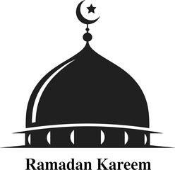 Ramadan Kareem mosque silhouette illustration, Islamic crescent moon star design, minimal black dome vector, religious festival greeting, spiritual Ramadan celebration artwork