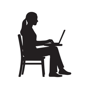 AdobeSilhouette of a woman working on a laptop while sitting on a chair, showcasing remote work or study Illustrator Artwork