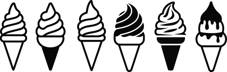 Ice cream cone vector illustration set, black and white dessert icons, swirl styles, minimal design, sweet treat graphic, stock artwork
