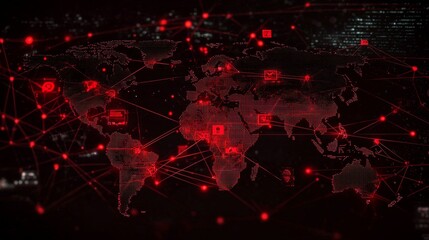 Red mesh lines and dots illustrate global cybersecurity threats.