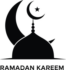Ramadan Kareem vector illustration, mosque silhouette, crescent moon and star, Islamic symbol, religious celebration, holy month design, stock artwork