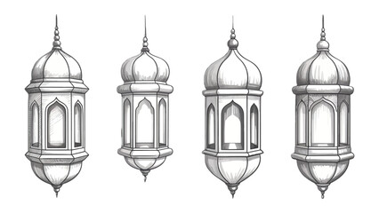 Obraz premium Ornate Lanterns: Four elegantly designed lanterns, showcasing intricate architectural details and radiant, celestial illumination, symbolize cultural richness and festive celebration.
