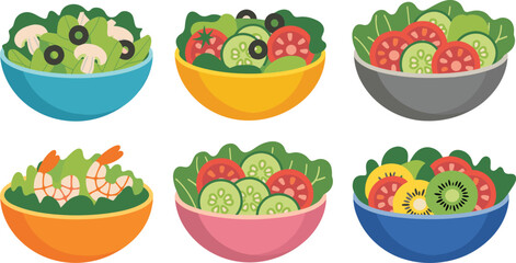 Colorful salad bowl vector illustration set, healthy food design, vegetable mix, shrimp, fruit, mushroom, cucumber, tomato, stock culinary artwork