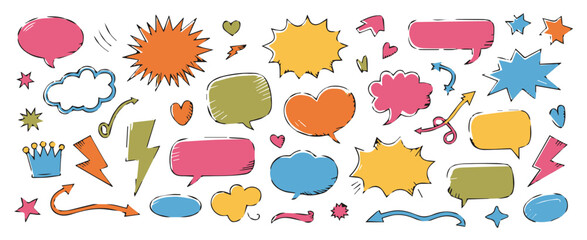 speechbubble comic vector elements set with handdrawn doodles