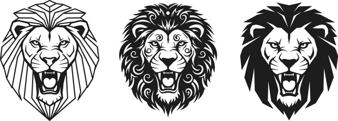 Roaring lion head vector illustration, tribal style, geometric design, bold black artwork, abstract animal face, fierce expression, decorative mane, stock art © Snigdha Creatives