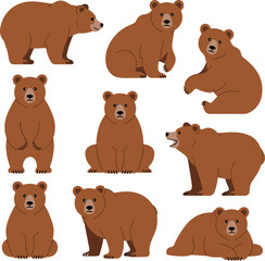 Cartoon brown bear character vector illustration set, cute animal poses, playful expressions, children&rsquo;s design, sitting, walking, sleeping, growling, stock artwork
