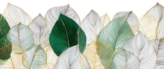 Detailed graphic of layered leaves in various shades of green, beige, and white with gold veins