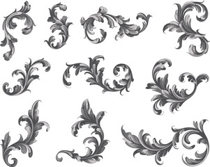 Ornamental floral flourish vector illustration set, decorative swirl elements, classical leaf design, elegant artwork, vintage motif, graphic embellishment, stock asset