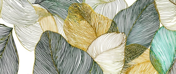 Abstract design of overlapping leaves in shades of gold, grey, and muted green