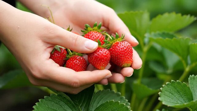 Freshly harvested, bright red strawberries are carefully held in a close-up of female hands against a vibrant green farm background.