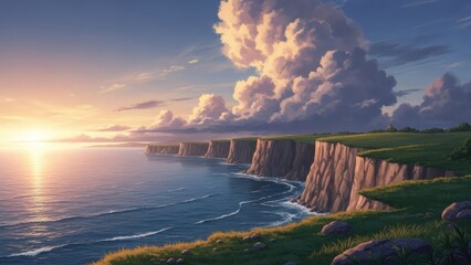 Stunning coastal cliffs at sunset with dramatic clouds and a serene ocean view, perfect for travel and nature themes