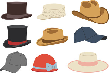 Hat collection vector illustration set, fashion accessories, diverse headwear styles, top hat, fedora, baseball cap, cloche, sun hat, stock graphic
