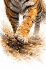 Tiger Paw Close Up Watercolor Poster Print with Powerful Wildlife Motion